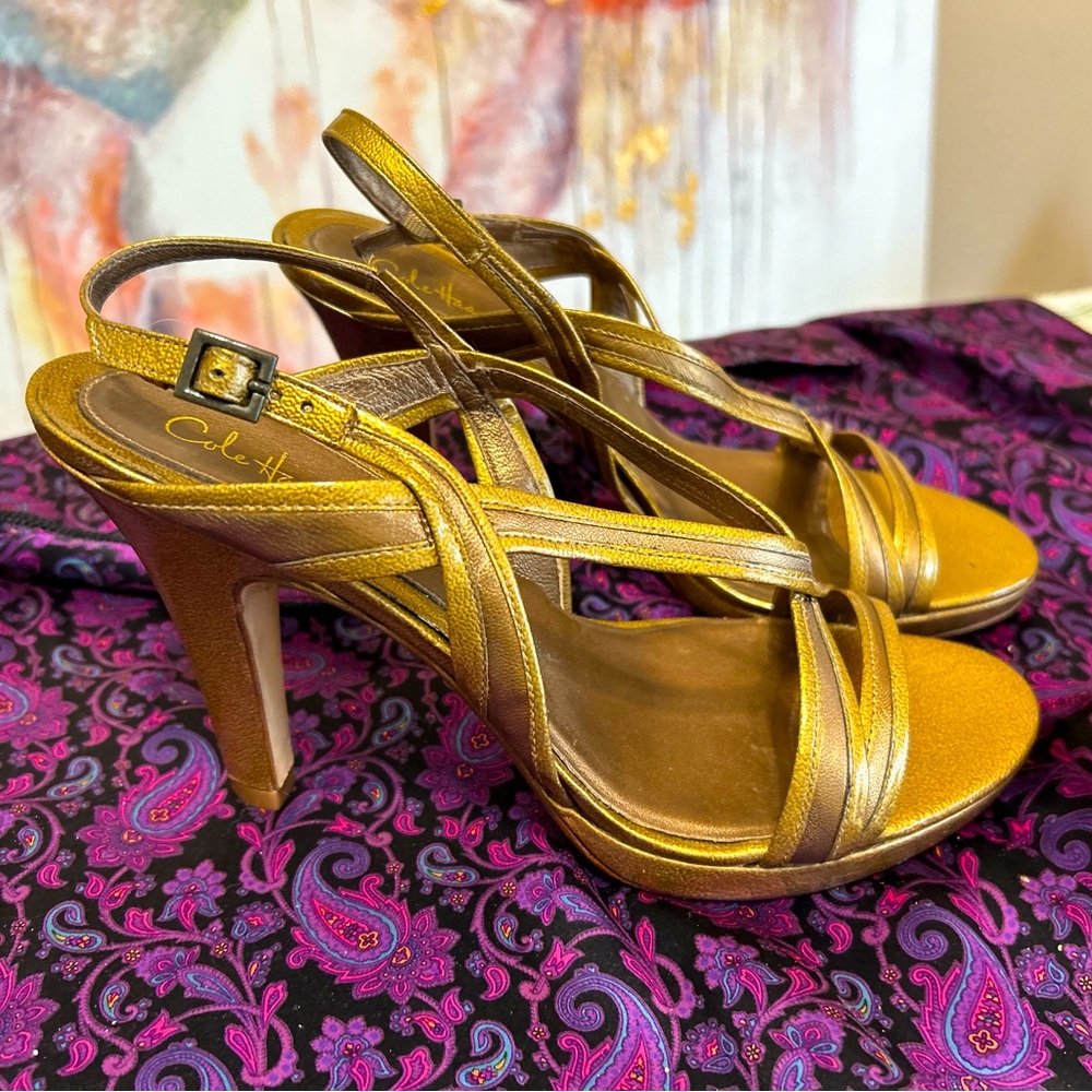 Bronze colored leather Cole Haan sandals. Leather soles, 3” heel.